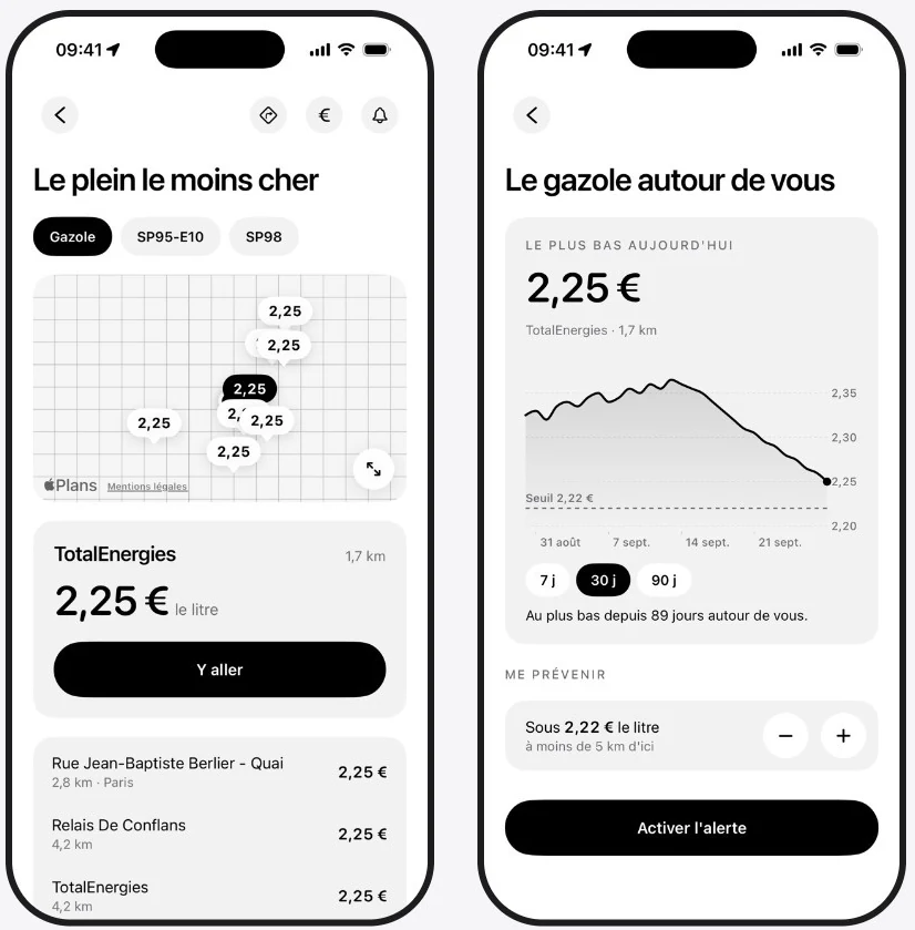 La carte des stations les moins chères et l'historique du prix du gazole autour de vous.