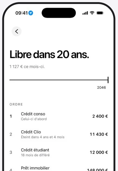 L'écran des crédits : « Libre dans 20 ans », avec l'ordre de remboursement.