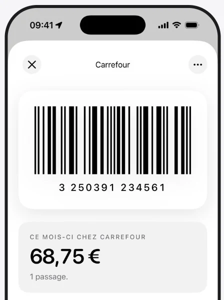 La carte Carrefour ouverte dans Mopao, avec son code-barres et 68,75 € dépensés ce mois-ci.