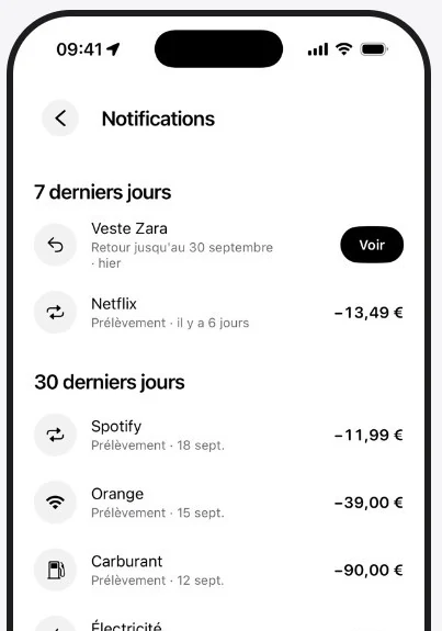 L'écran Notifications : un retour à faire et les prélèvements des 30 derniers jours.