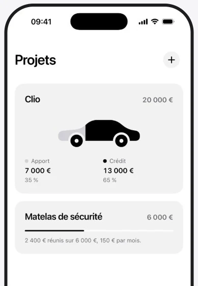 L'écran Projets : une Clio à 20 000 € et un matelas de sécurité de 6 000 €.