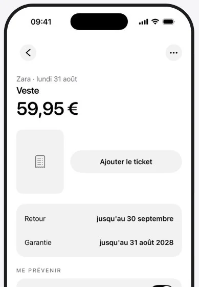 Une veste Zara à 59,95 €, retour possible jusqu'au 30 septembre, garantie jusqu'au 31 août 2028.