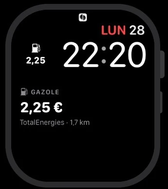Un cadran Apple Watch affichant le gazole à 2,25 € chez TotalEnergies, à 1,7 km.